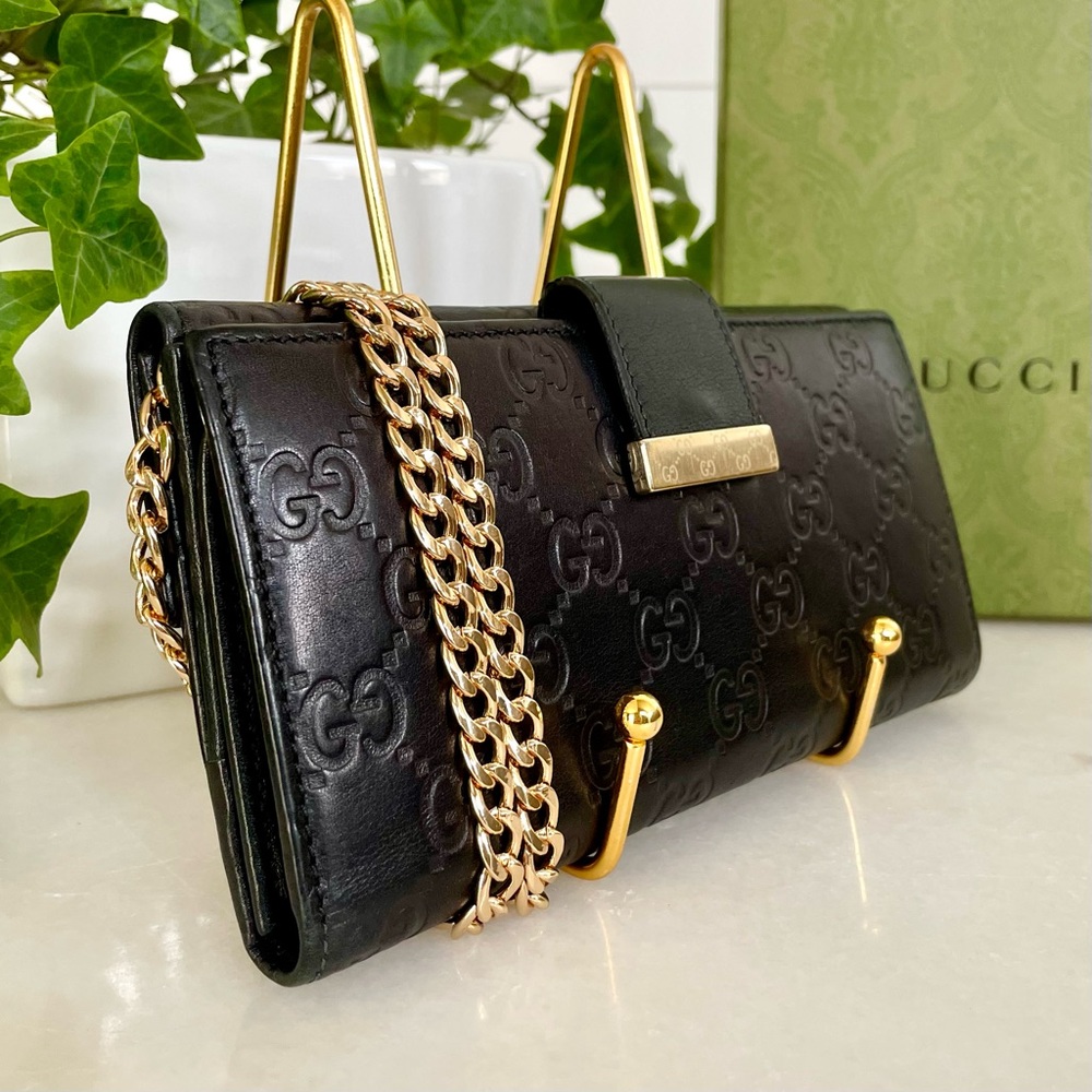 Authentic Gucci GG Continental Wallet & Chain | Black Guccissima Monogram Wallet
